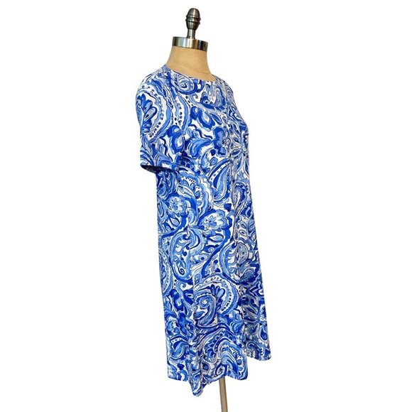 Barbara Gerwit Womens Blue & White Paisley Short Sleeve A-Line Dress Medium - Picture 2 of 5